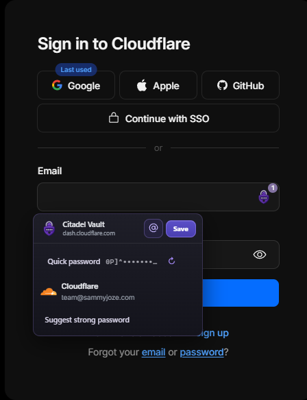 Citadel Vault alias emails and quick password on Cloudflare sign-in
